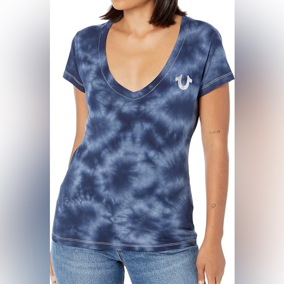 NWT -True Religion Women’s Buddha Foil Back Big V Neck Short Sleeve Tee - Size L - Picture 2 of 9